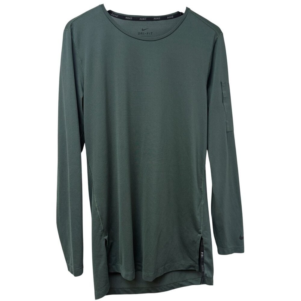 NIKE Dri Fit Running Shirt Mens Medium Olive Green Long Sleeve Cargo Pocket